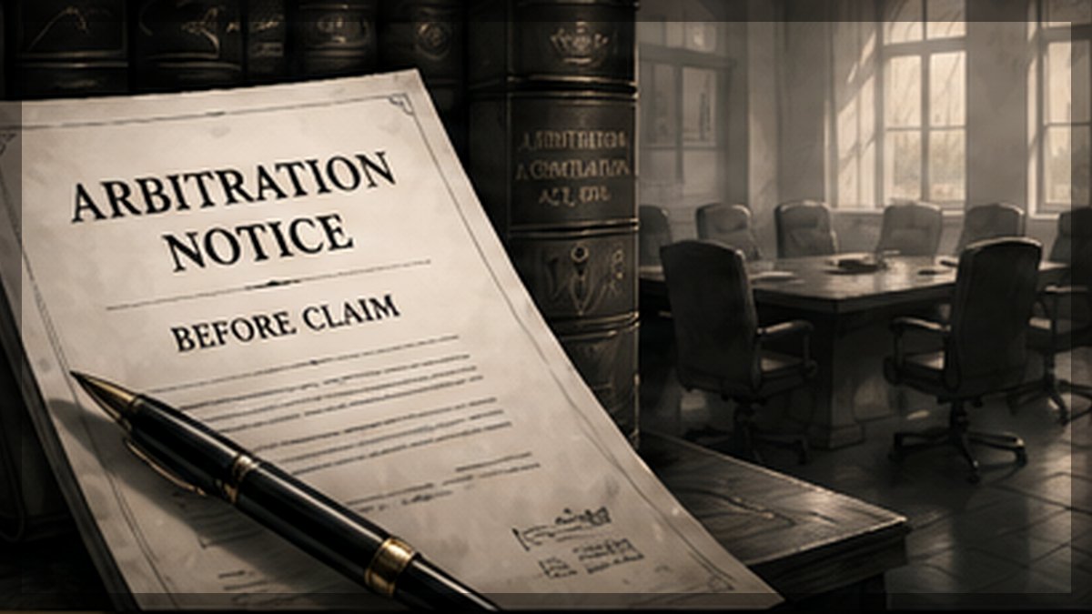 Painted arbitration notice papers showing receipt, disputed claims and appointment correspondence