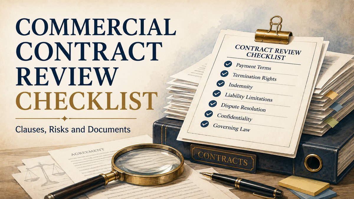 Commercial contract review checklist with agreement papers and key risk-allocation clauses