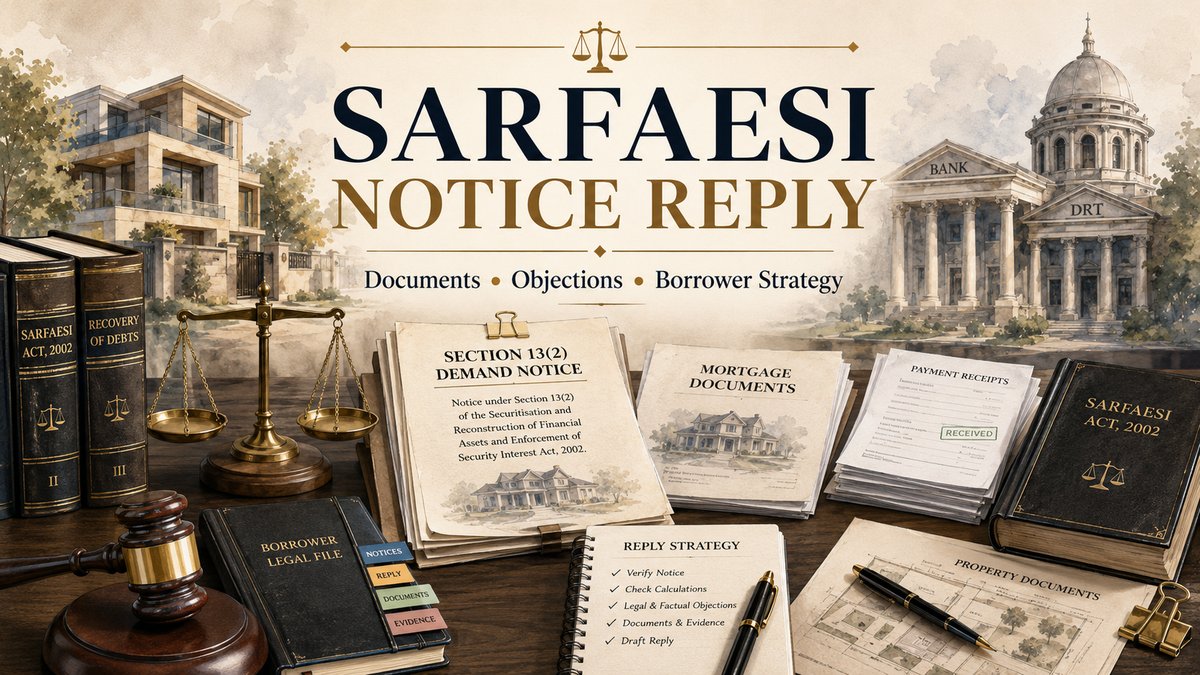 SARFAESI notice reply guide with Section 13(2) notice, mortgage documents, receipts and DRT